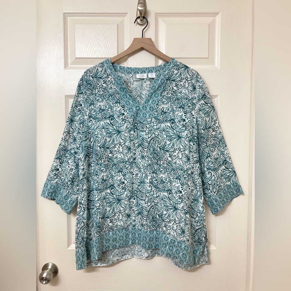 Sigrid Olsen Women’s 100% Linen Green White Floral Shirt XL Coastal Vacation